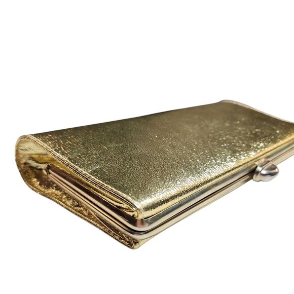 Vintage 60s Leather Gold Clutch Purse Handbag Metallic Chain Handle Envelope MCM - Picture 10 of 16
